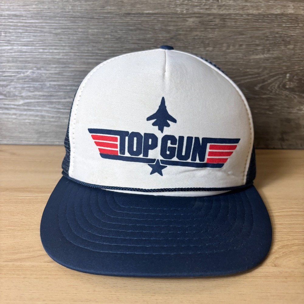 Vintage Top Gun Hat Cap Snap Back White Blue Trucker Adjustable